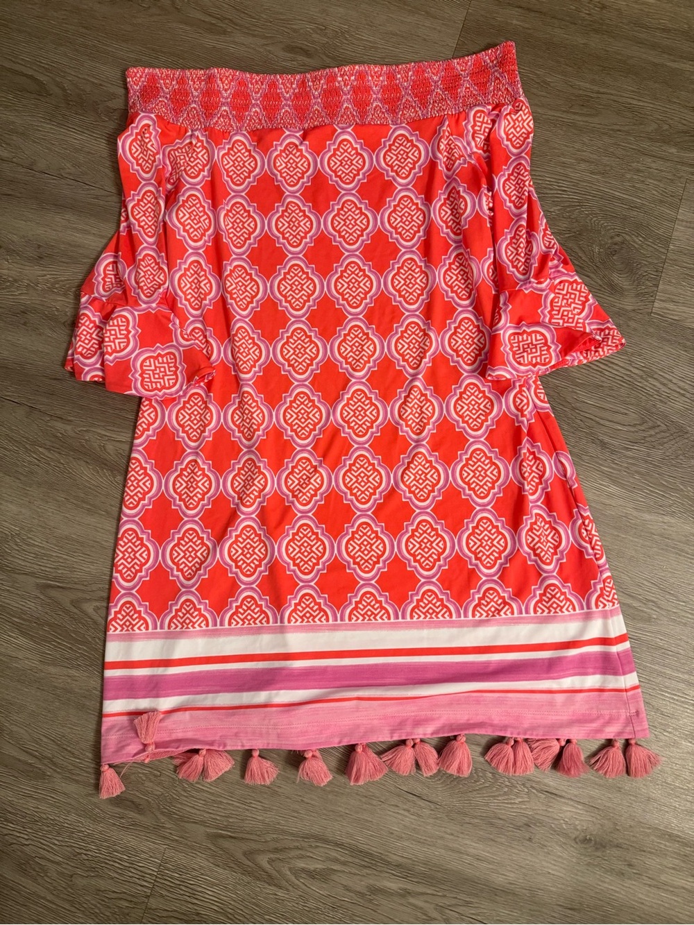 Cabana Life Coral Pink Off-Shoulder Tassel Hem Dress
